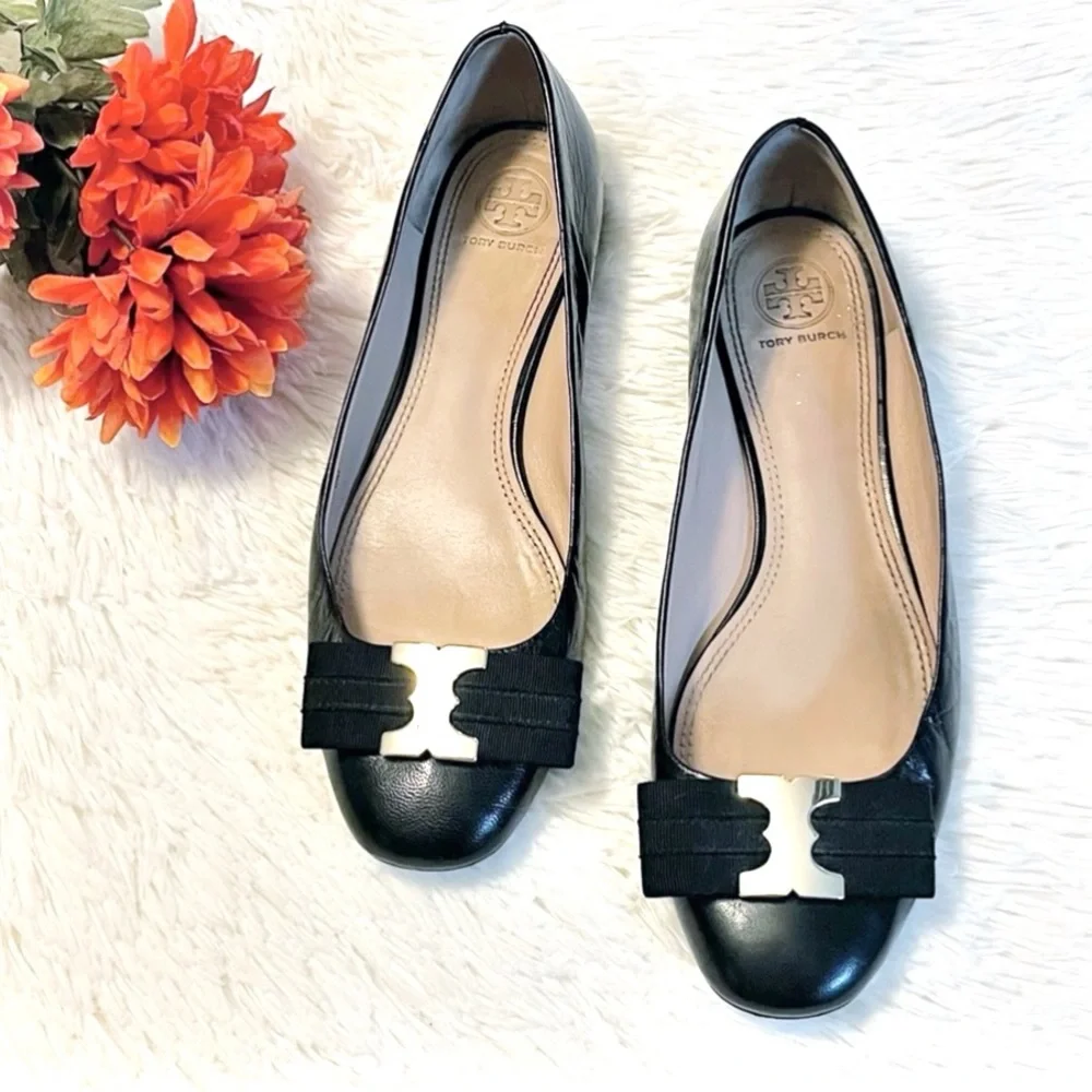 Tory Burch Gemini Link Bow Black Leather Ballet Flats Size 8